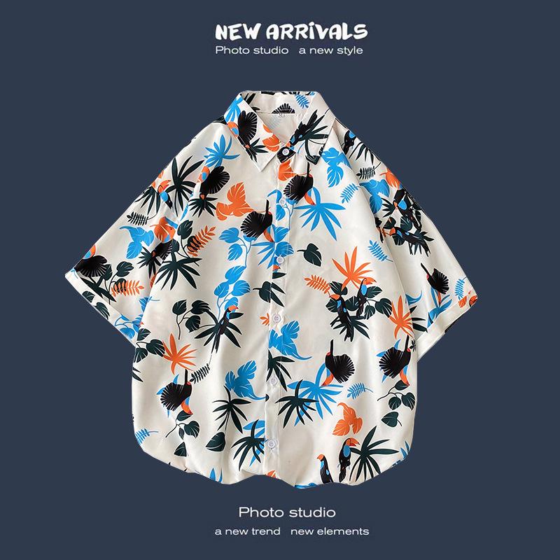 Letnia Koreańska Retro Kwiatowa Para Luźna Koszula z Krótkim Rękawem - Męski Modny Styl