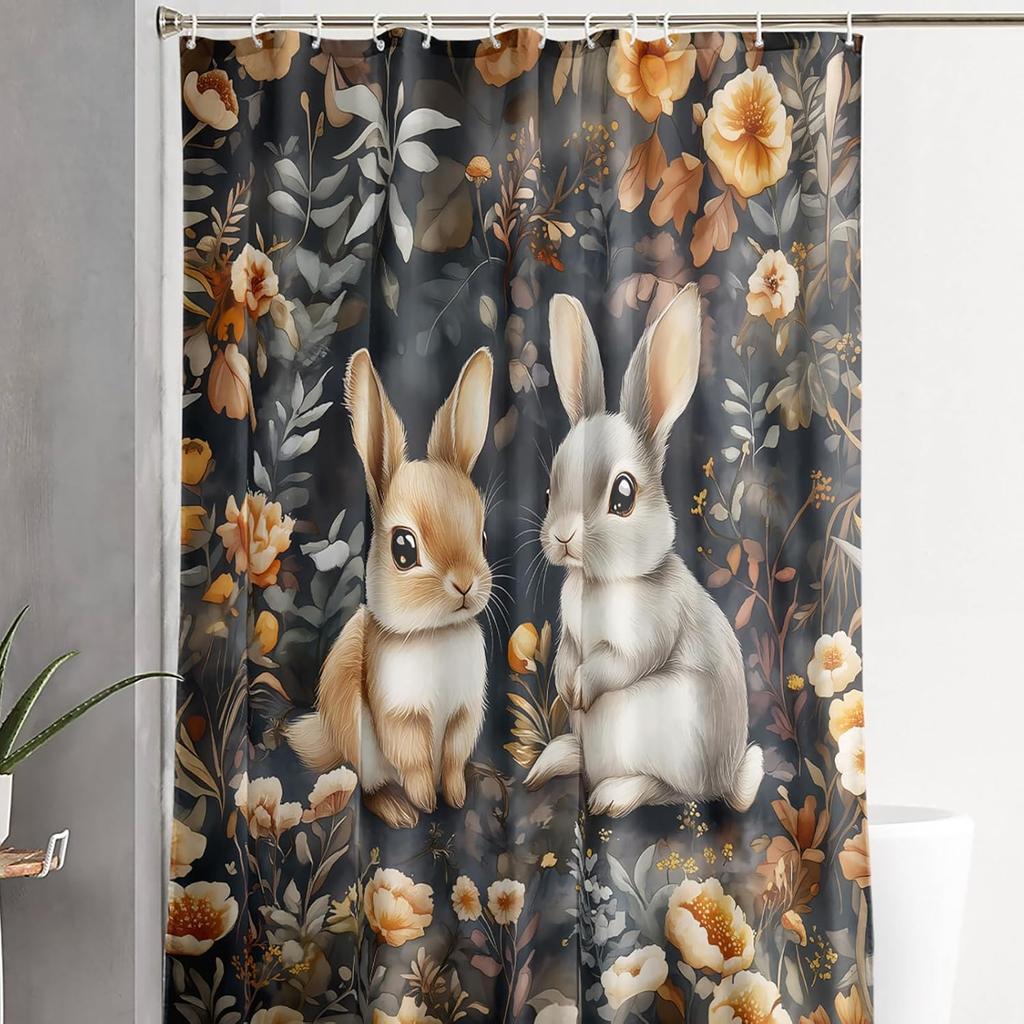 Kawaii Rabbit Pet Shower Curtain for Bathroom,Cute Animal Bunny Floral Waterproof Fabric Bath Curtain with Hooks,72" Wx72 H