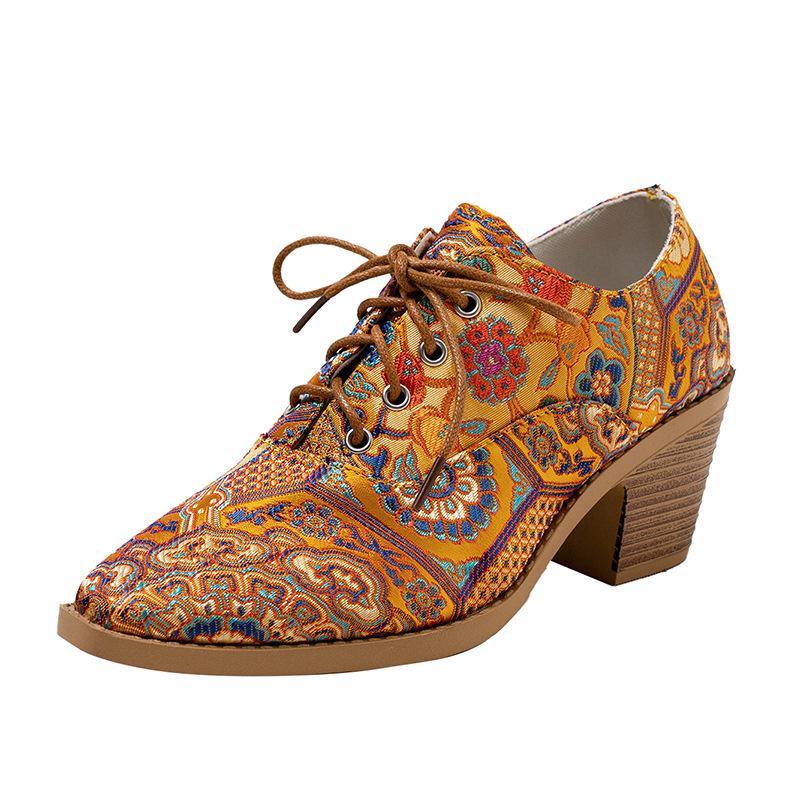 Spring and Autumn women's short boots printed fabric thick sole thick heel high heel front lace-up casual women's shoes deep mouth large size pointed