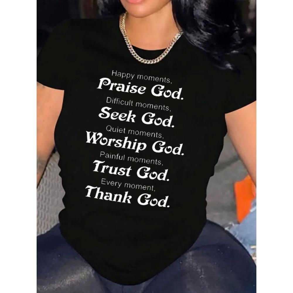 Women Cotton Short Sleeves T-shirts Praise Seek Trust God Women's Tee Christian Quote White Top