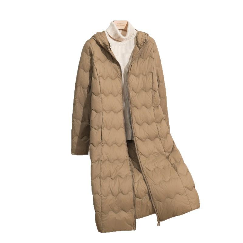 Autumn and winter new fashion hooded wavy long light down jacket women's portable zipper jacket to keep warm