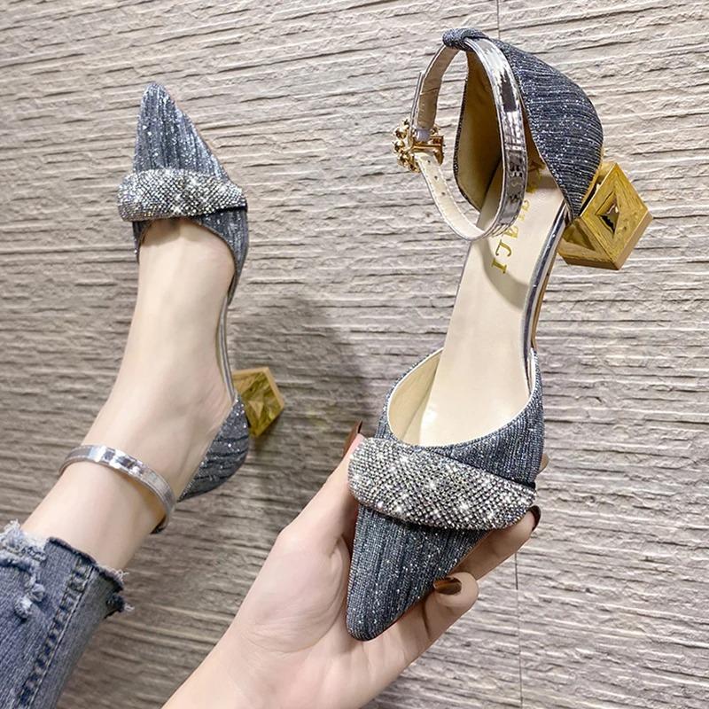 Mode Bling Kristall High Heels Pumps Damen Elegant Perle Schnalle Eckige Absätze Hochzeit Party Schuhe Damen Spitzschuh Knöchelriemen Pumps