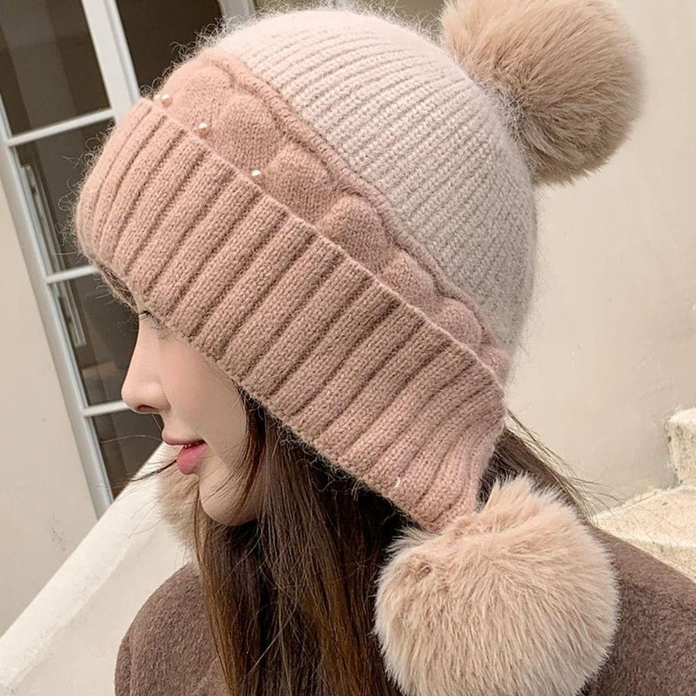 Windproof Plush Beanie Hat Solid Color Ear Protection Hat Fashion Woolen Knitted Cap Girl
