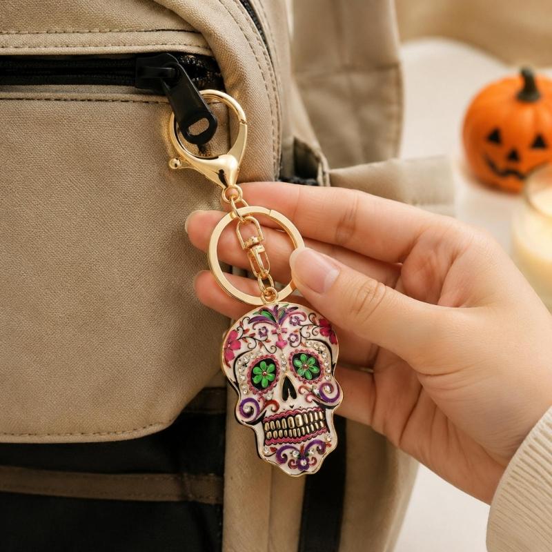 Halloween Skull Keychain Charm, Floral Skull Bag Charm with Alloy Hardware, Lobster Clasp and Round Key Ring for Keys