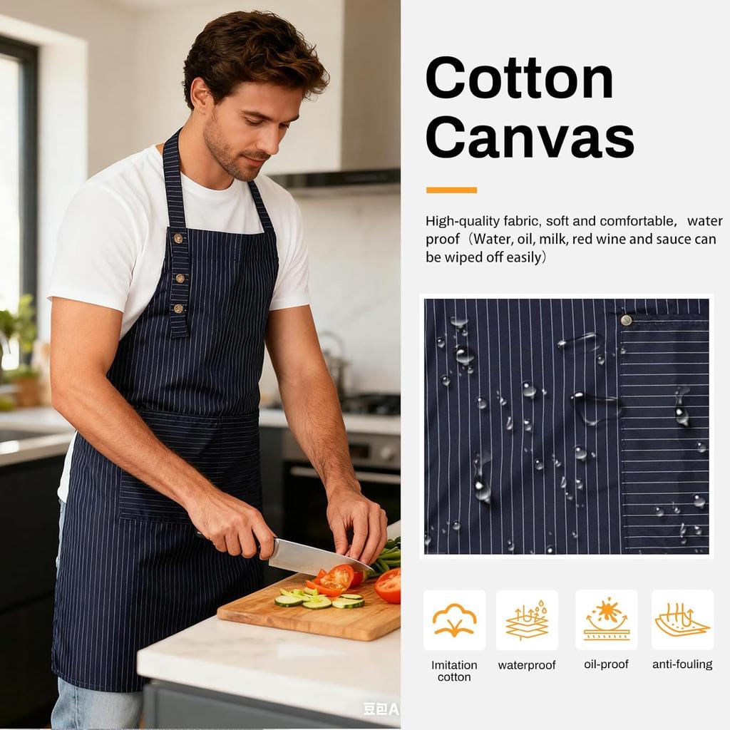 Adjustable Bib Apron Waterdrop Resistant with 2 Pockets Cooking Kitchen Aprons for Women Men Chef