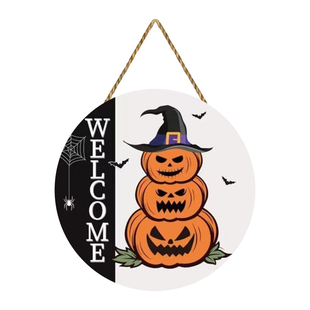 Halloween Door Decoration Halloween Wreath Cute Pumpkin Hanging Welcome Sign Wooden Home Decoration