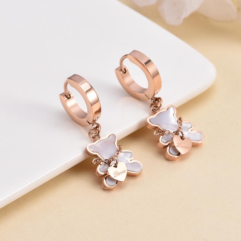 Sweet Peach Heart & Bear Earrings, Titanium Steel Studs with White Shell, Korean Style for Women