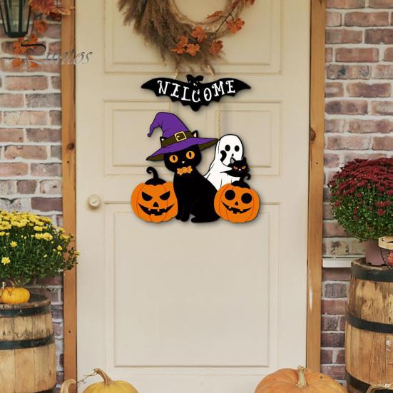 Black Cat Party Prop Halloween Wooden Welcome Door Sign, Pumpkin Ghost Bat Hanging Decor Indoor Outdoor Decoration for Yard, Home Entrance Rustic Wood
