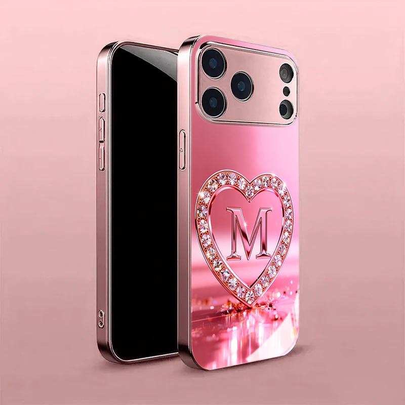 Diamond Love Letter Tempered Glass Phone Case for iPhone 17 Pro Max 11 12 13 Pro 14 15 16 Plus 16E 17Air Lens Protection Cover