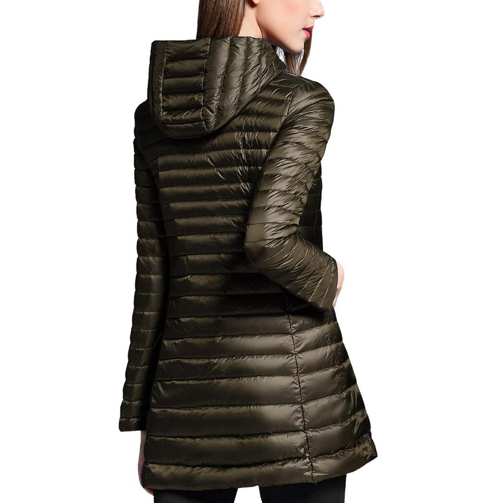 Damen-Steppmantel mit Kapuze, langärmelig, warm, für den Winter, Reißverschluss, Midi-Länge, Oberbekleidung