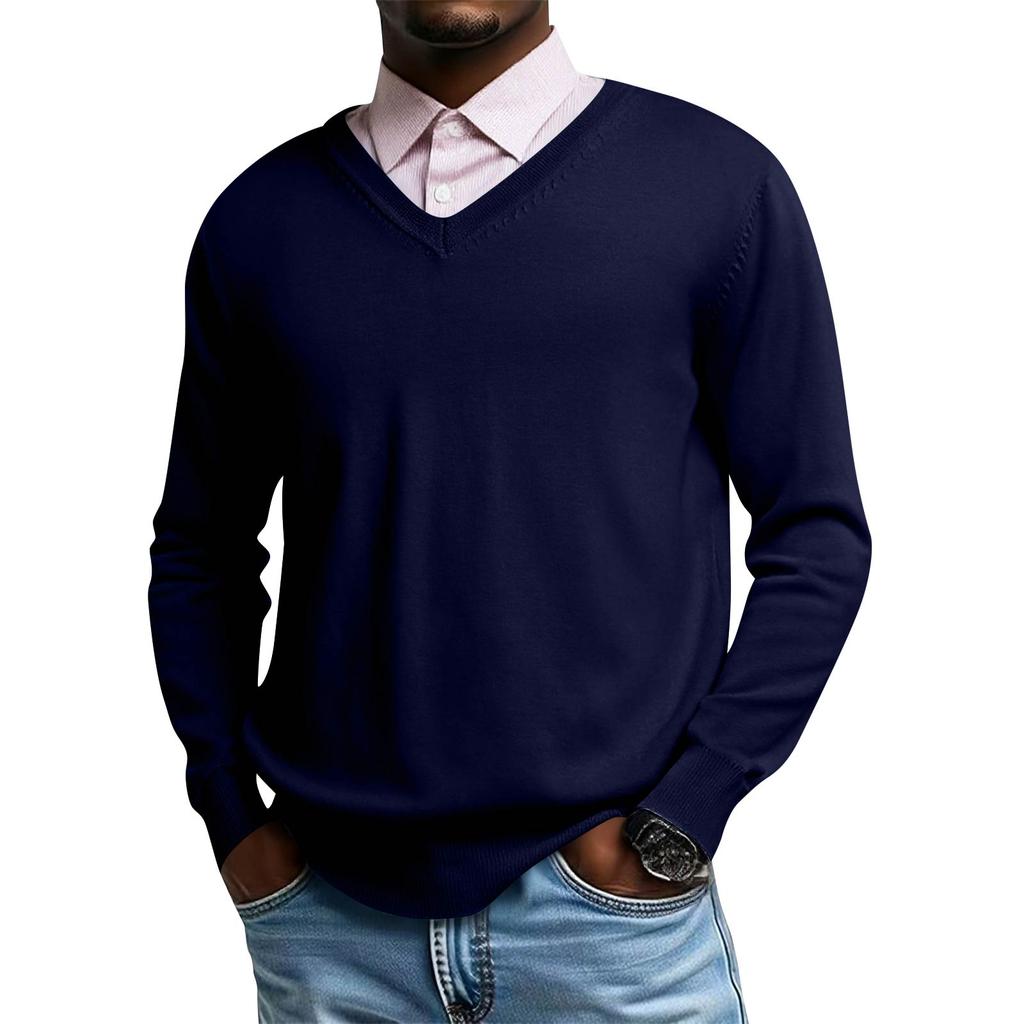 Męski dzianinowy top z dekoltem V i długim rękawem, codzienna wygoda, bluzka z długim rękawem