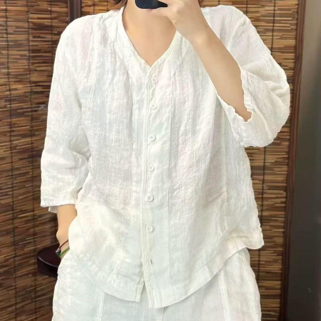 Women's Retro V-Neck Artistic Cotton Linen Shirt - Loose, Slimming, Versatile, Single-Breasted Top