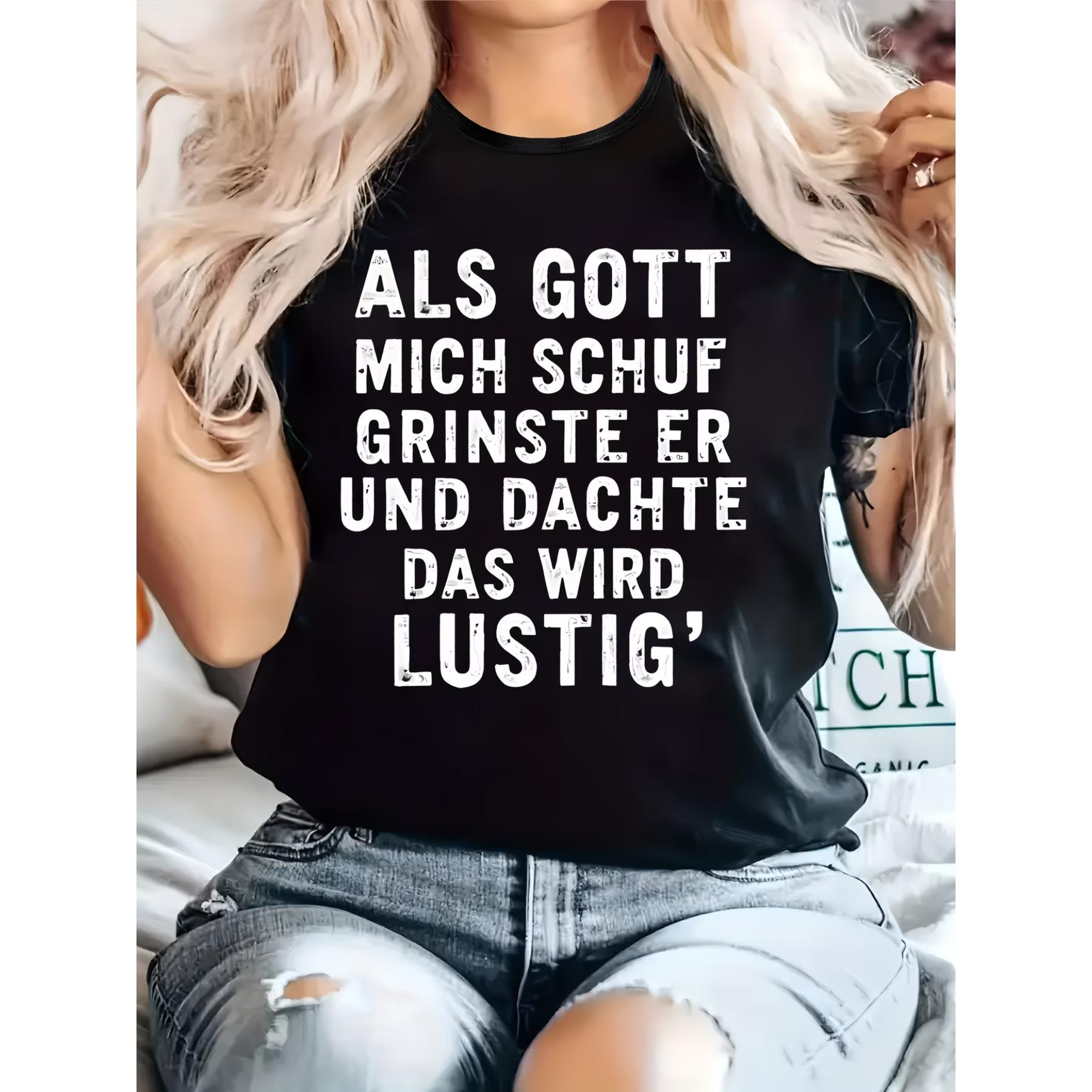 Casual T-shirt voor dames met letterprint, Ronde hals, Korte mouwen, Licht elastische stof, Comfortabel topje voor alle seizoenen XXL zwart