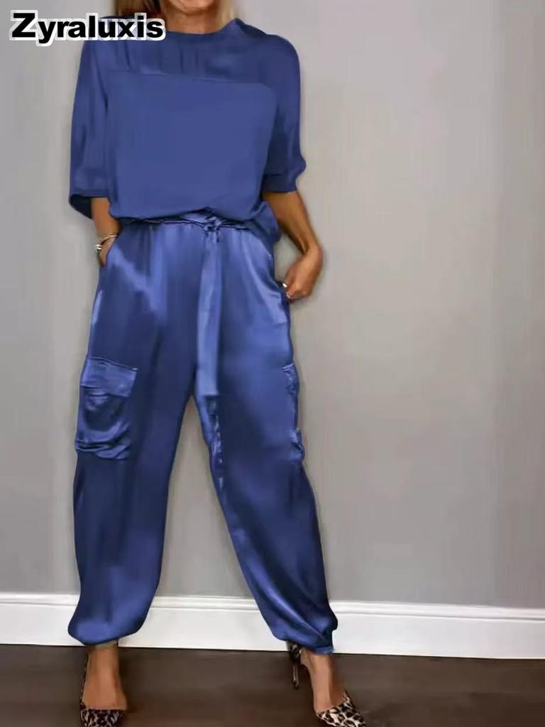 Women's Two Piece Set - Sleeveless Top & Pants, Solid Color Loose Casual Smooth Satin Pocketed Fashion Outfit