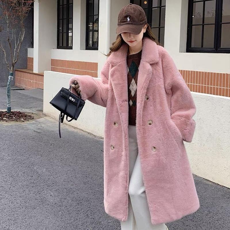 New Environmentally Friendly Rabbit Fur Fur Coat for Autumn and Winter Long Thick Warm and Loose Fitting Suit Collar Coat