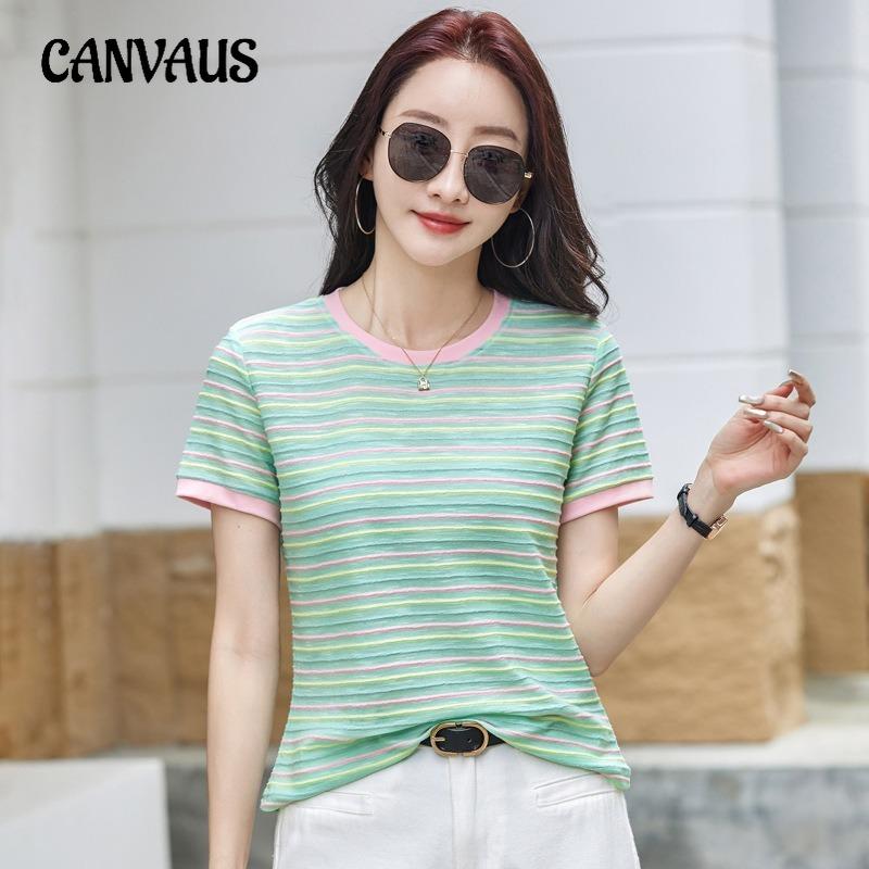 Summer Color-blocking Striped Short-sleeved T-shirt, Summer Dopamine Loose Slimming Plus-size Cover-up Top