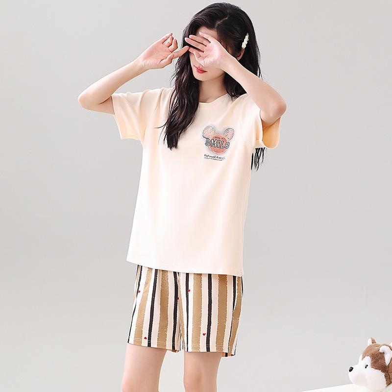 Couple's Summer Cotton Pajama Set: Cute Short Sleeve & Shorts for Women, Wear-Outside Style for Men.
