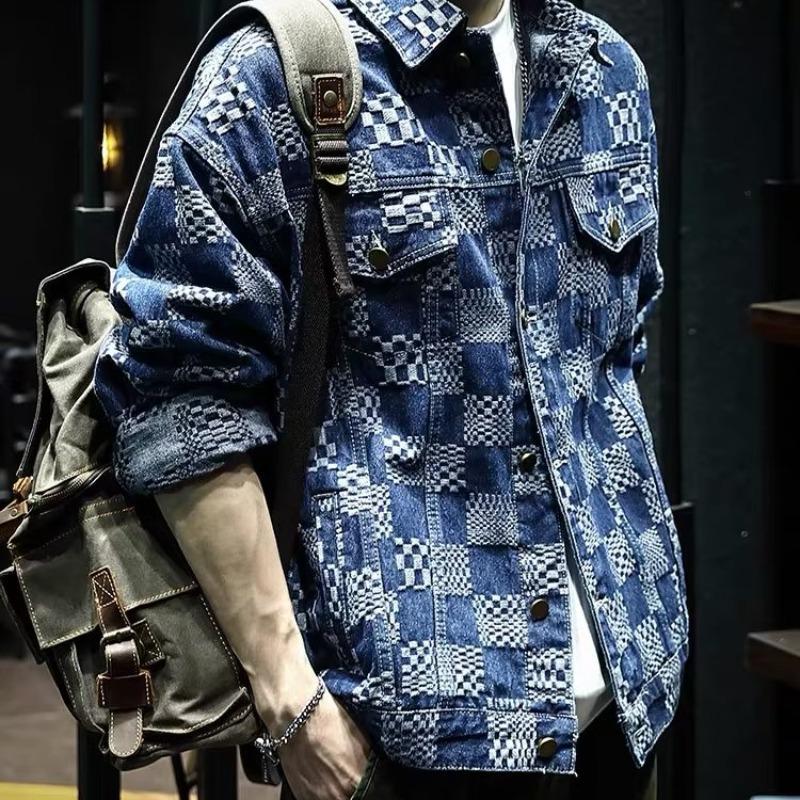 Men's Trendy Plaid Jacquard Denim Jacket - Autumn Loose-Fit, Large Size Casual Design