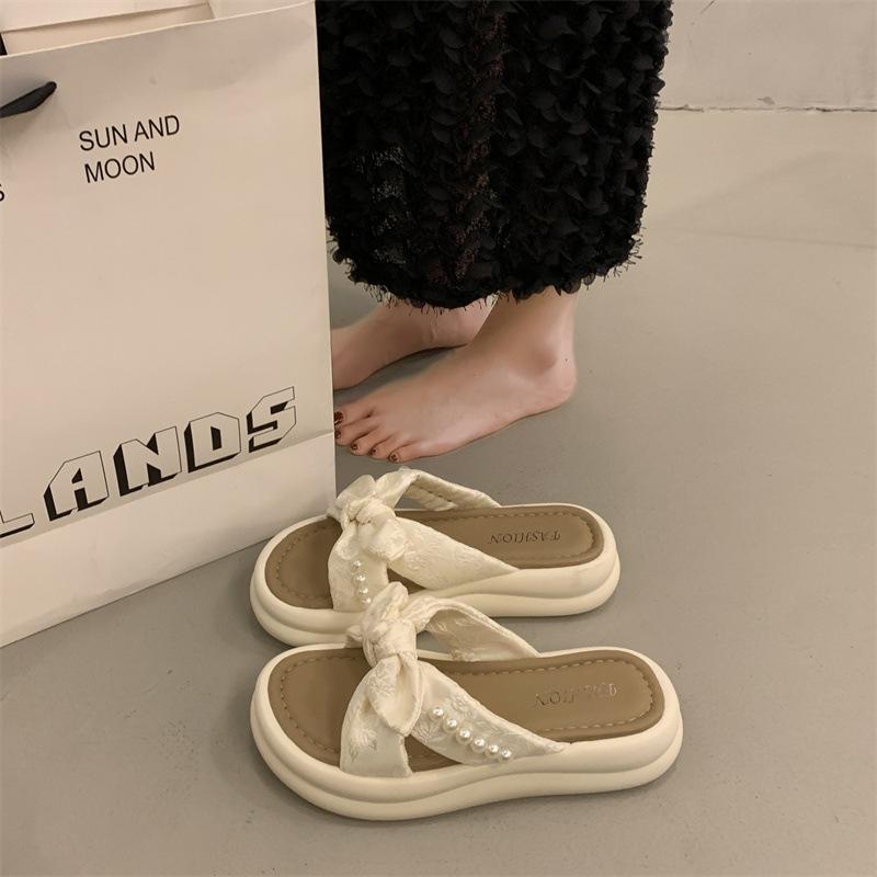 Bow Pearl Slippers Women's Summer New Outer Wear One-word Soft-bottom Sandals