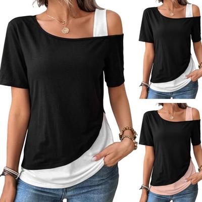 Slanted Shoulder Ladies Contrast Color Stitching Blouse Asymmetrical Slanted Collar Neckline Short-sleeved T-shirt