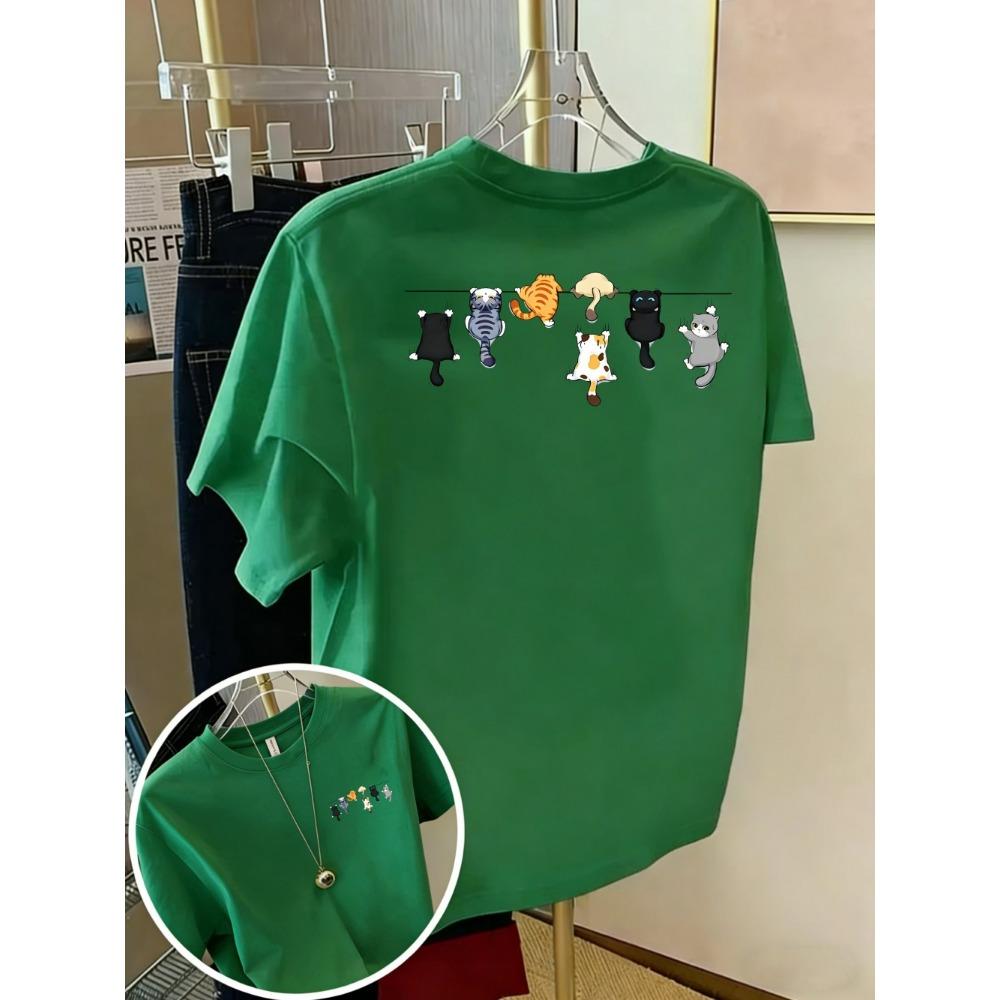 Cartoons Cats Prints T-Shirts Summer Womens Cotton T Shirts Basic O-Neck Oversized Short Sleeve Tops Casual Street Woman Clothes