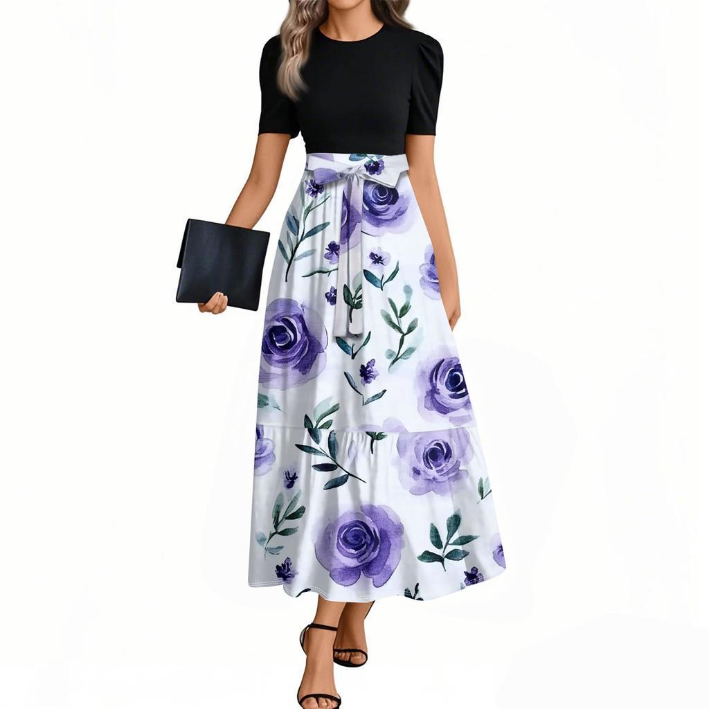 Women's Elegant Fashion Floral Print Belted Short Sleeve Round Neck Splicing Casual Dress