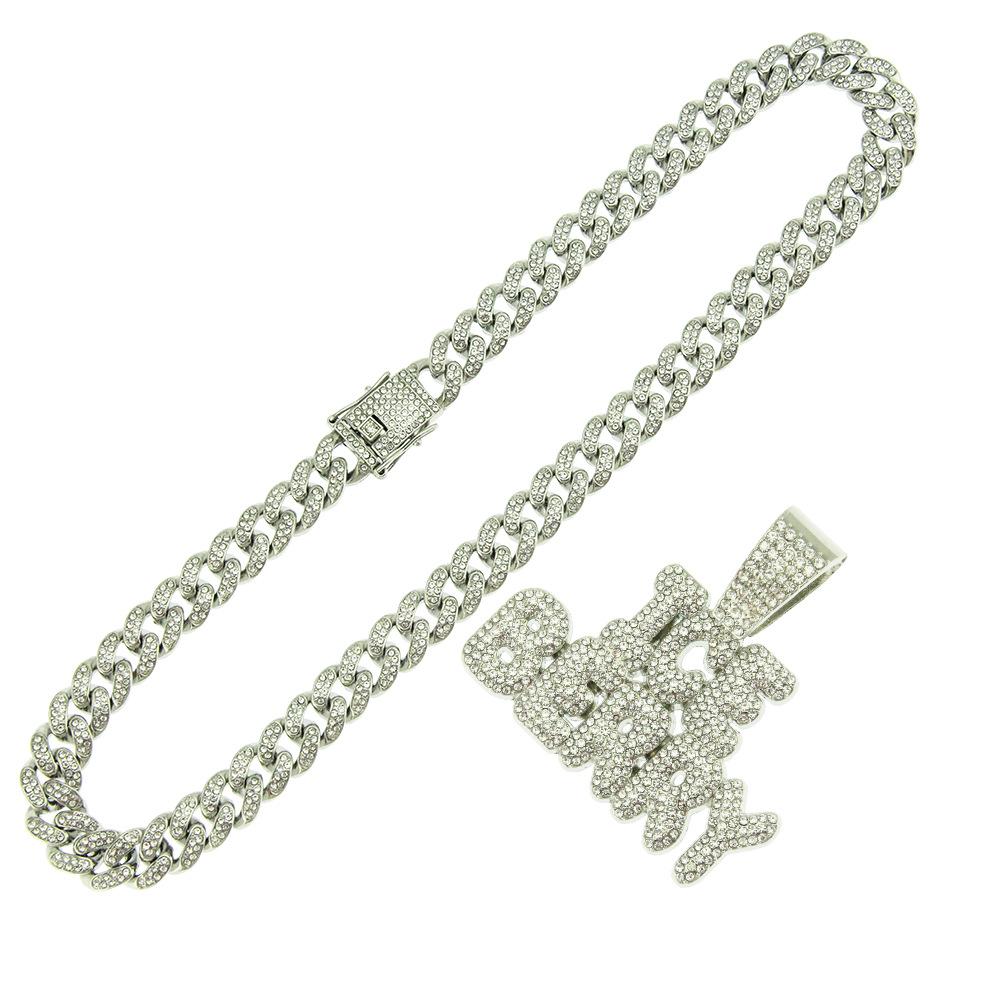 European and American Hiphop Hip-hop Street Dance Splicing Full Diamond Letter Pendant, Wide Cuban Chain Men's Domineering Necklace