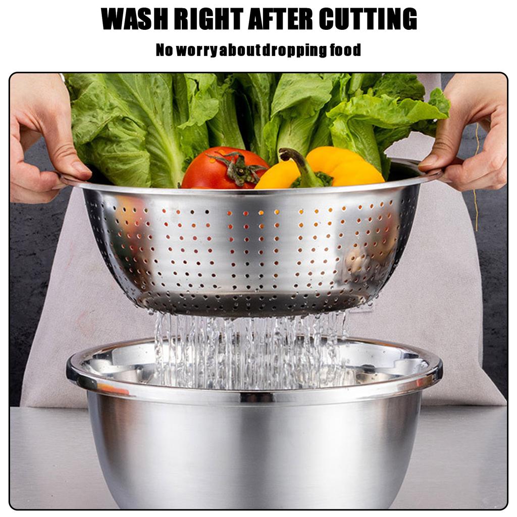 3 in 1 Kitchen Basin Grater, Colander Cutter   with Strainers 10.2 Inch Stainless Steel Mandoline Rice Washing Pasta Mixing Dough Knding Bowls