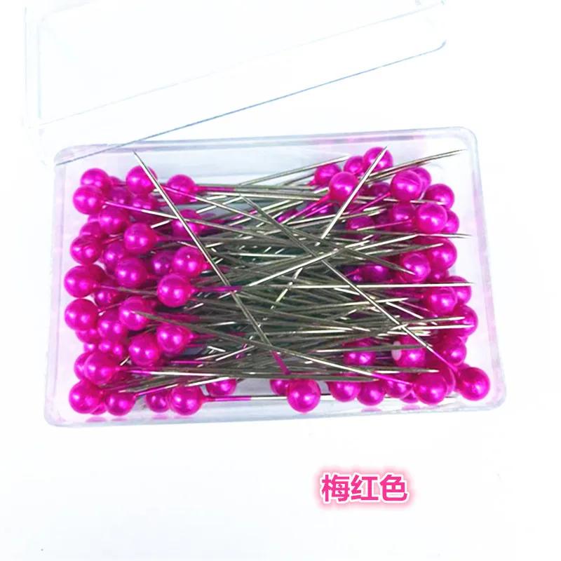 100Pcs/Box 38cm Colorful Round Pearl Head Needles Stitch Straight Push Sewing Pins For Dressmaking DIY Sewing Tools Positioning