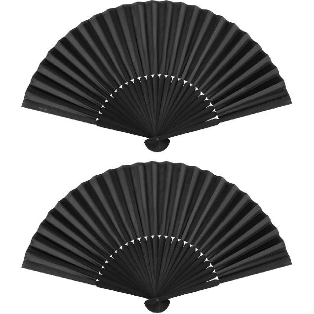 Minelife Tkocisa 2 Pack Bamboo Silk Folding Fan Handheld, Chinese Vintage Retro Fabric Fans, Black Hand Fan for Performance, Dance, Fighting,