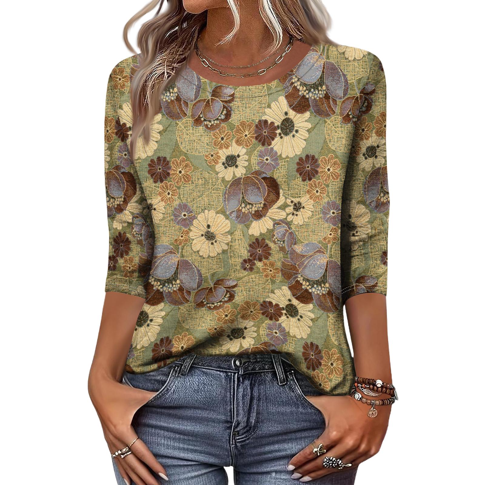 

Women s Fashion Casual Round Neck 3/4 Sleeve Loose Printed T-Shirt Ladies Top XL жовтий