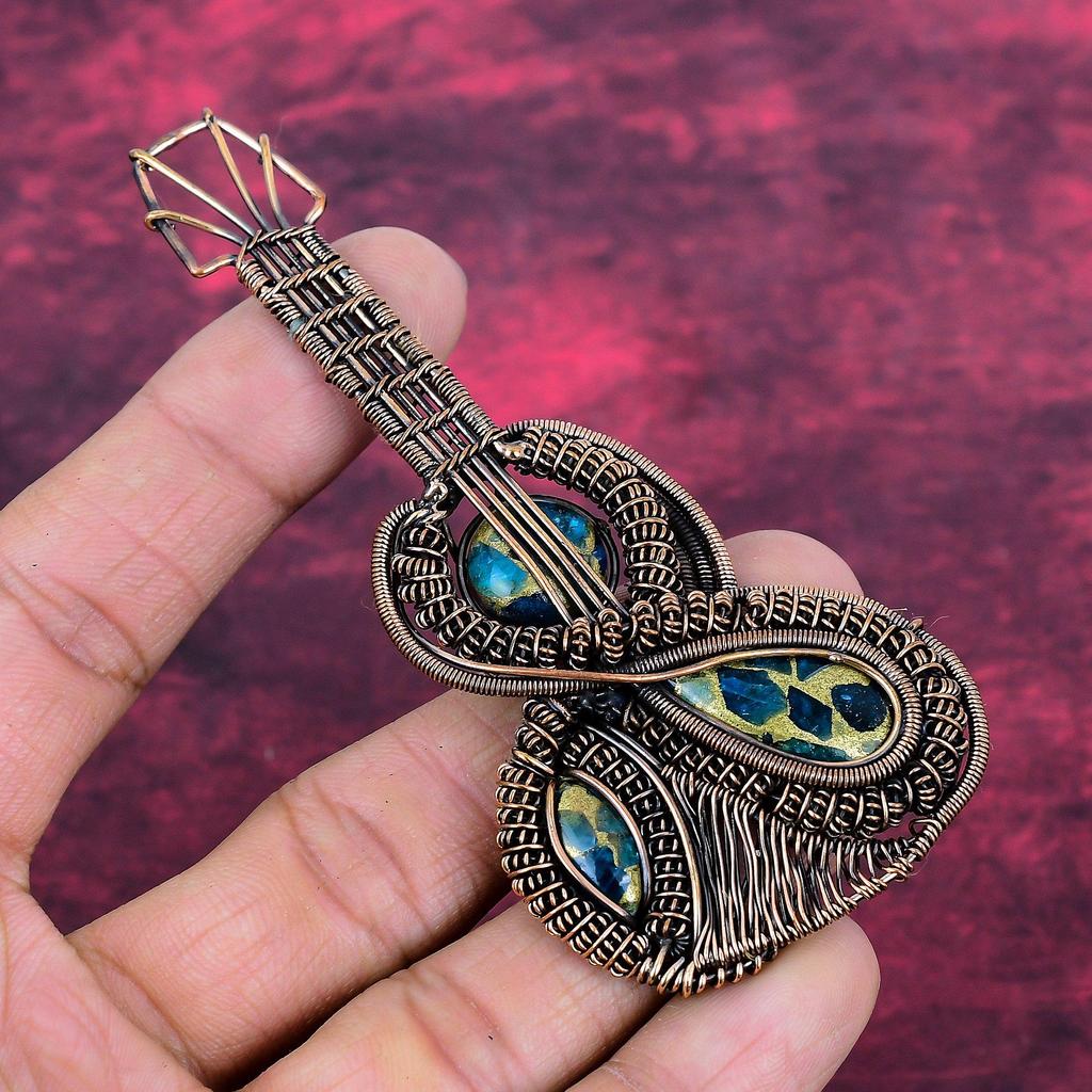 Copper Neon Apatite Pendant Guitar Gemstone Jewelry Copper Wire Wrapped Pendant