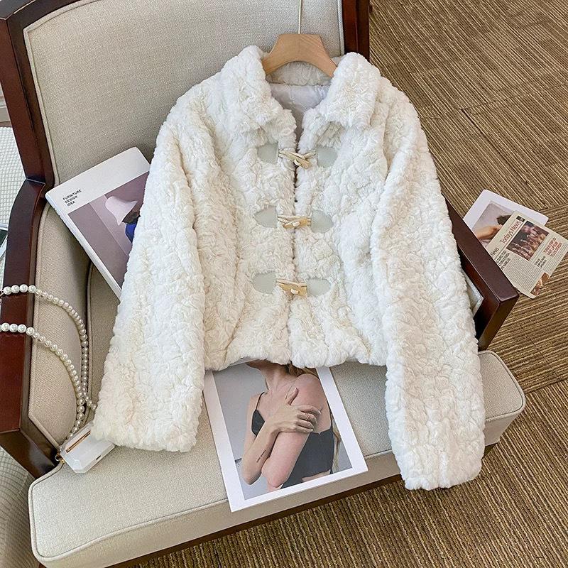 

2024 Women s Autumn/Winter Faux Rabbit Fur Lamb Wool Coat with Toggle Buttons L