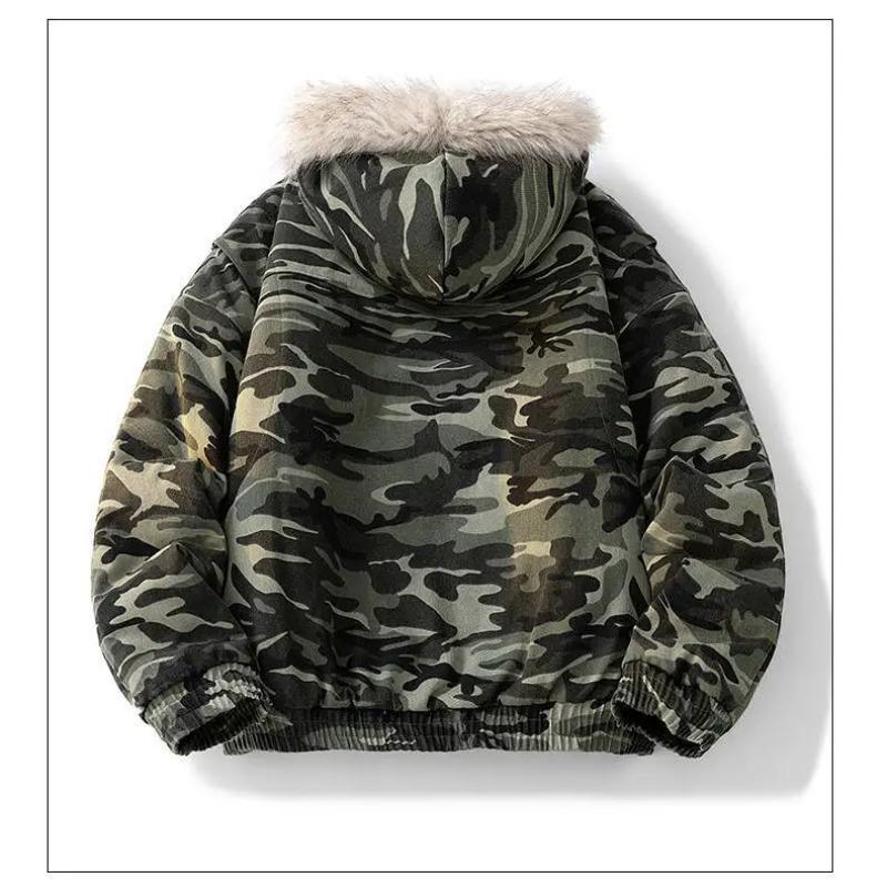 Men's Retro Fleece-Lined Faux Fur Collar Jacket Autumn Winter Loose Fit Sports Hooded Parka Padded Jacket