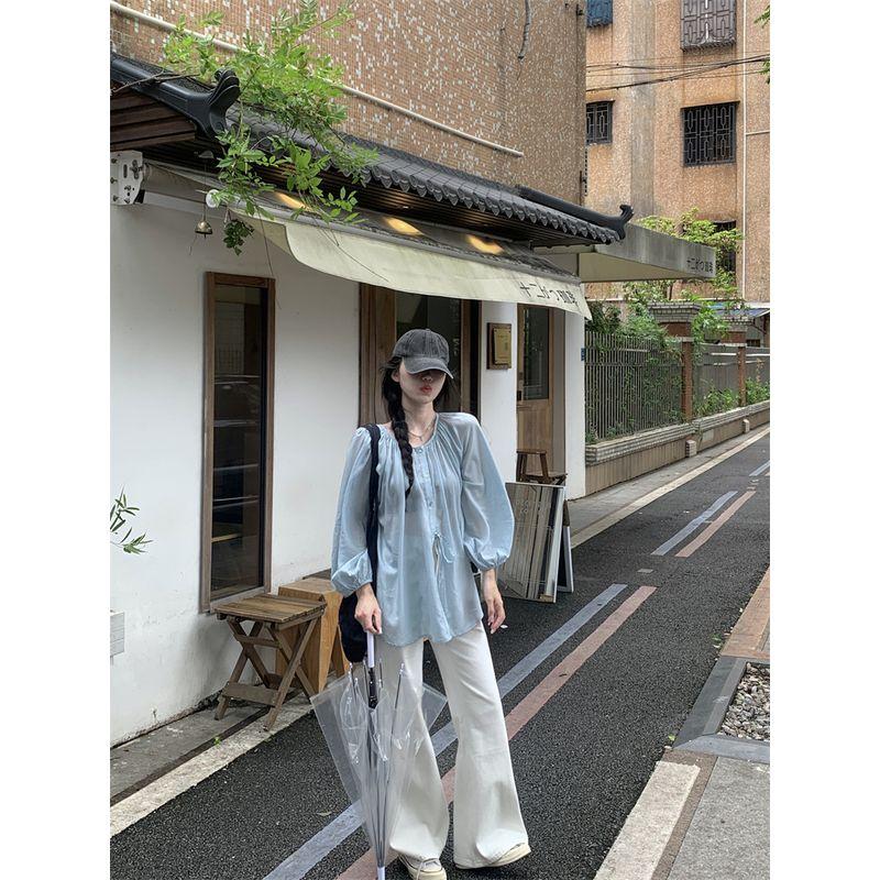 Kumikumi French style Elegant Lace-up Thin Long sleeve Shirts Women clothes Early Autumn Niche Age-Reducing Loose Slimming Top