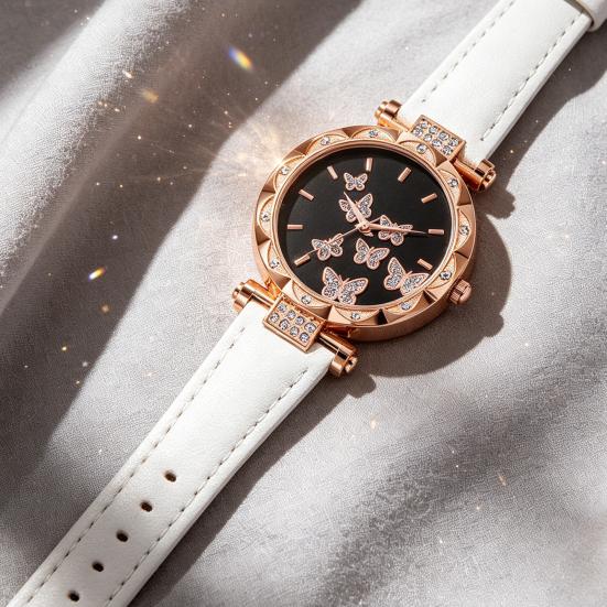 Ladies Butterfly Watch Artificial Leather Strap Quartz Watch Rhinestone Round Dial Fashionable Wristwatch for Women Party Office Date