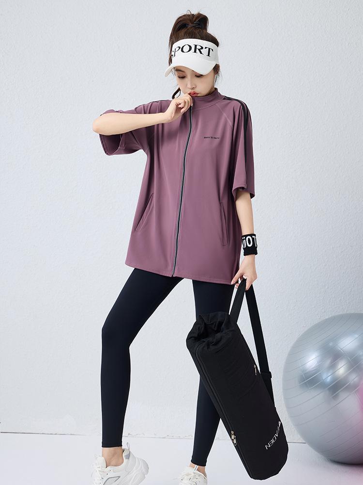 2026 New Arrival Plus Size Slimming Three-Piece Fitness Set: Short Sleeve Zipper Top, Belly Covering, Tapered Leg Pants