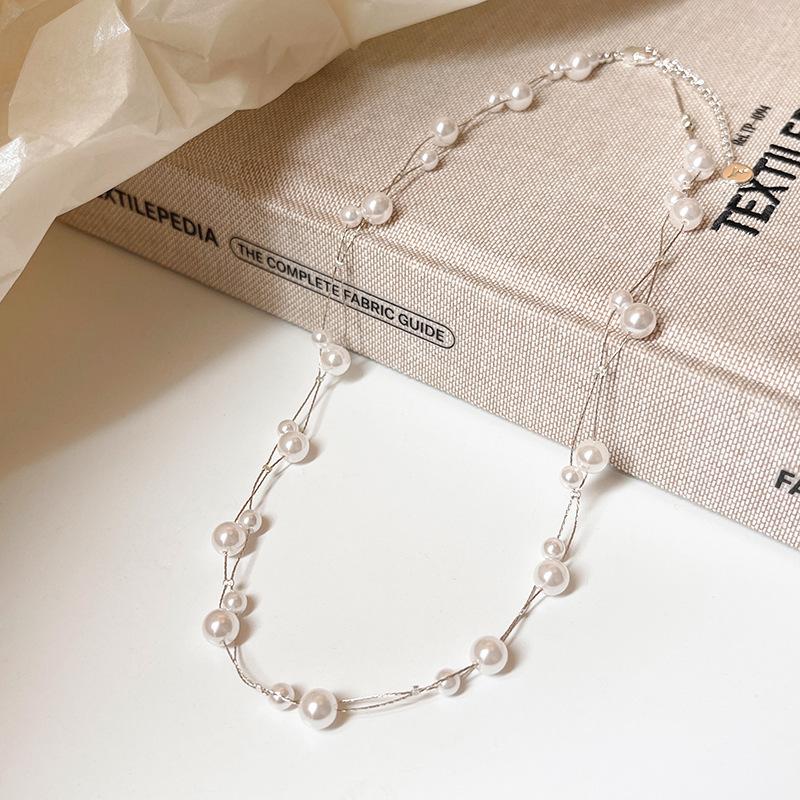 Gypsy Double Stacked Wearing Imitation Pearl Necklace Femininity Fashion Size Pearl Collarbone Chain French Retro Neck Chain