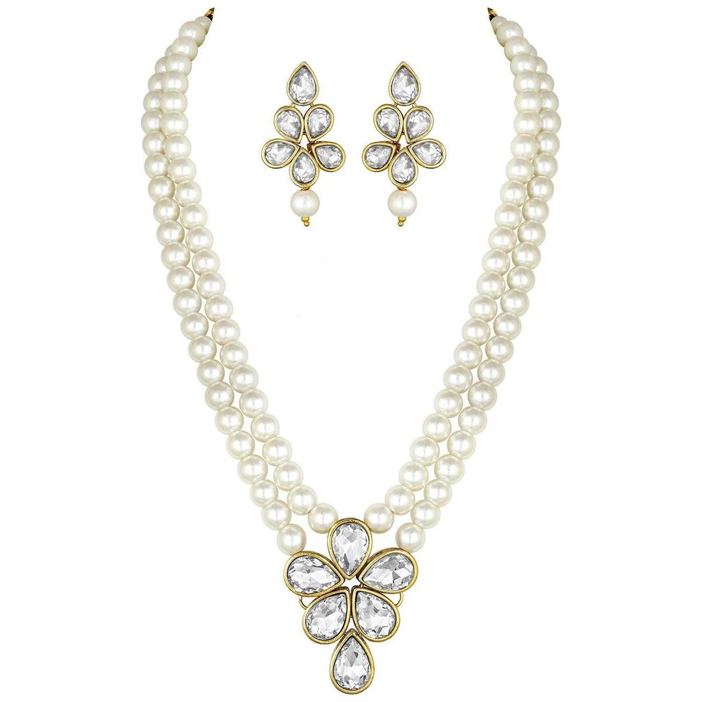 Gold Plated Traditional Kundan & Pearl Studded Necklace Jewellery Set for Women