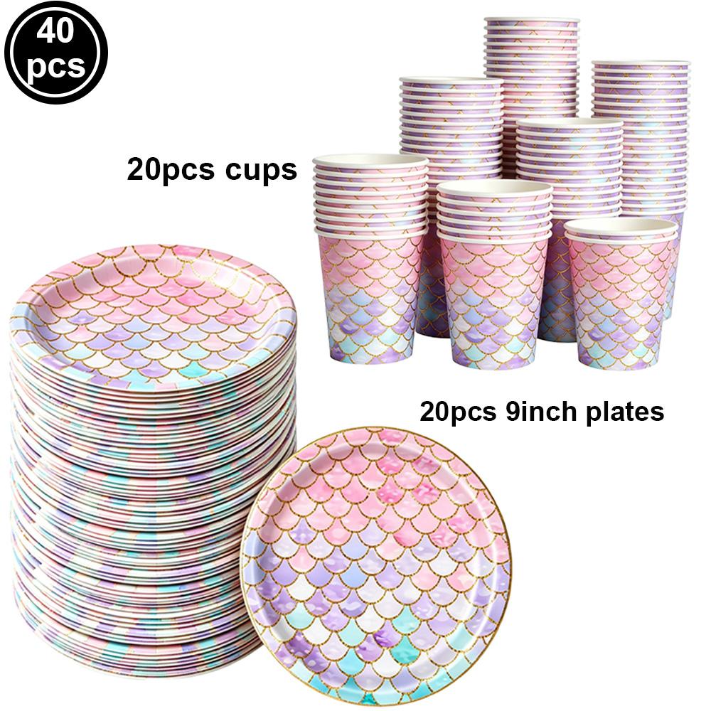 Mermaid Party Supplies Mermaid Scales Pattern Paper Plate Cup Napkin Popcorn Box Food Bowl Girl Birthday Party Baby Shower Decor