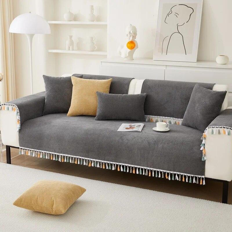 Corduroy Tassels Sofa Cushion Modern Simple High-end Non-slip Sofa Cushion Solid Color Soft Four Seasons Universal Couch Cover