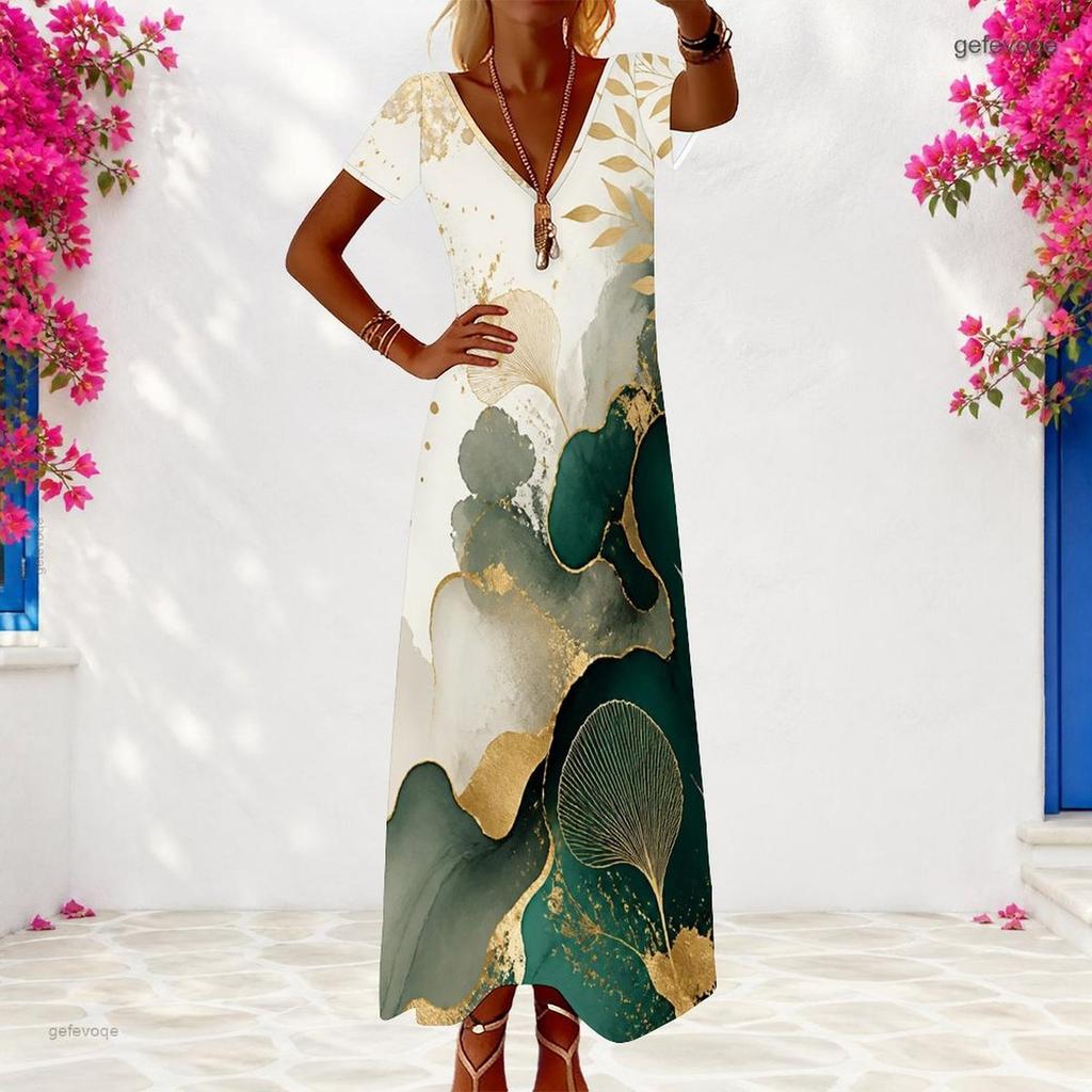 Women Plus Size V Neck Short Sleeve Blue Gold Printed Long Maxi Dress