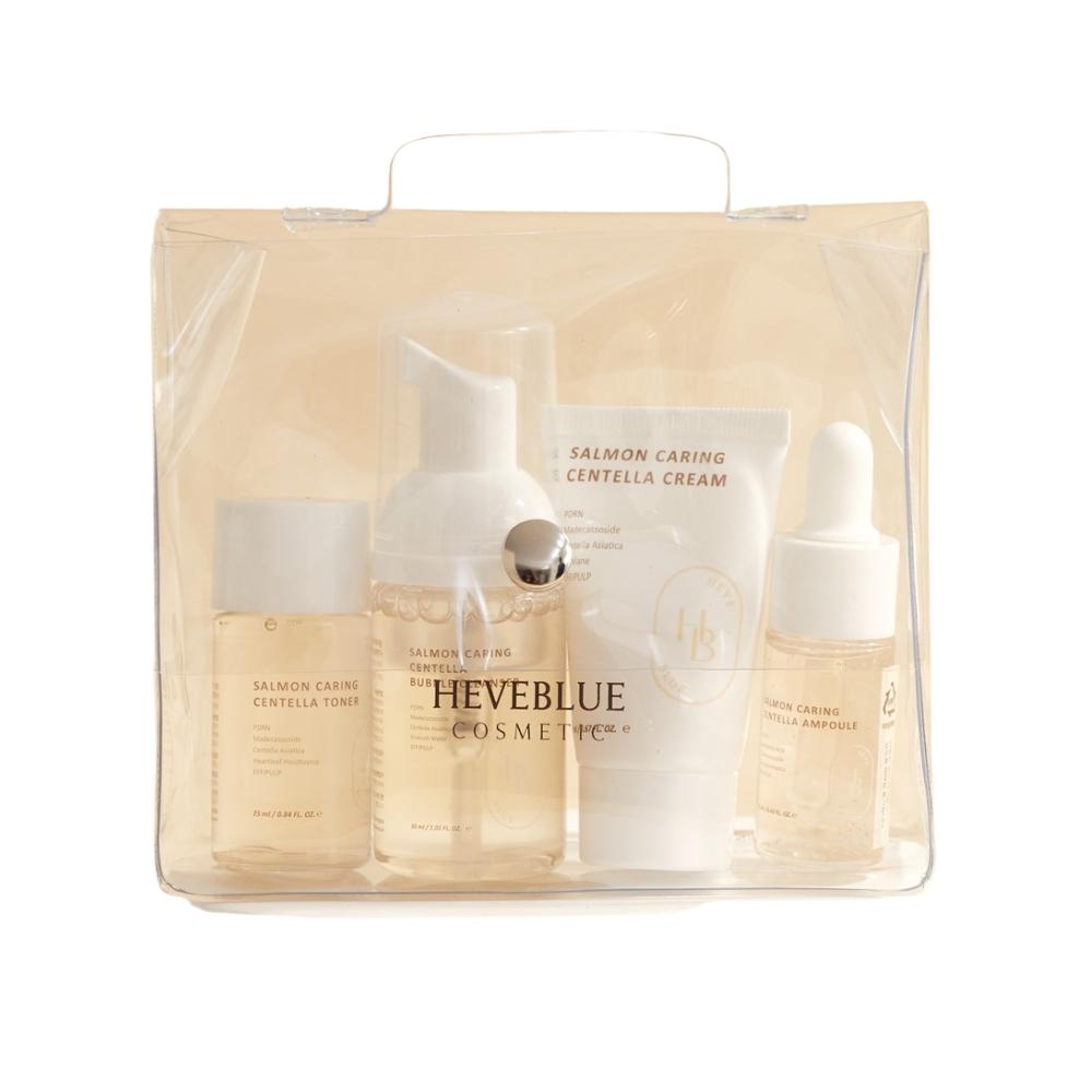 Trousse de voyage spéciale Centella pour le soin du saumon HEVEBLUE (Tonique 25 ml + Nettoyant 30 ml + Crème 20 ml + Ampoule 13 ml) - un ensemble de mini cosmétiques de soin