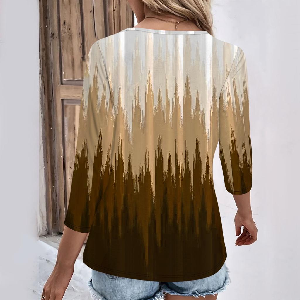 Womens 3/4 Sleeve Daily Weekend V Neck Casual Printed Tshirts Loose Fit Pleated Tees Ladies Blouse