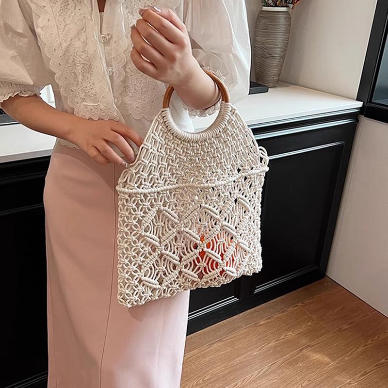 New Wooden Handle Rattan Handle Solid Color Hollow Handmade Cotton Rope Woven Bag Seaside Vacation Handbag Straw Bag