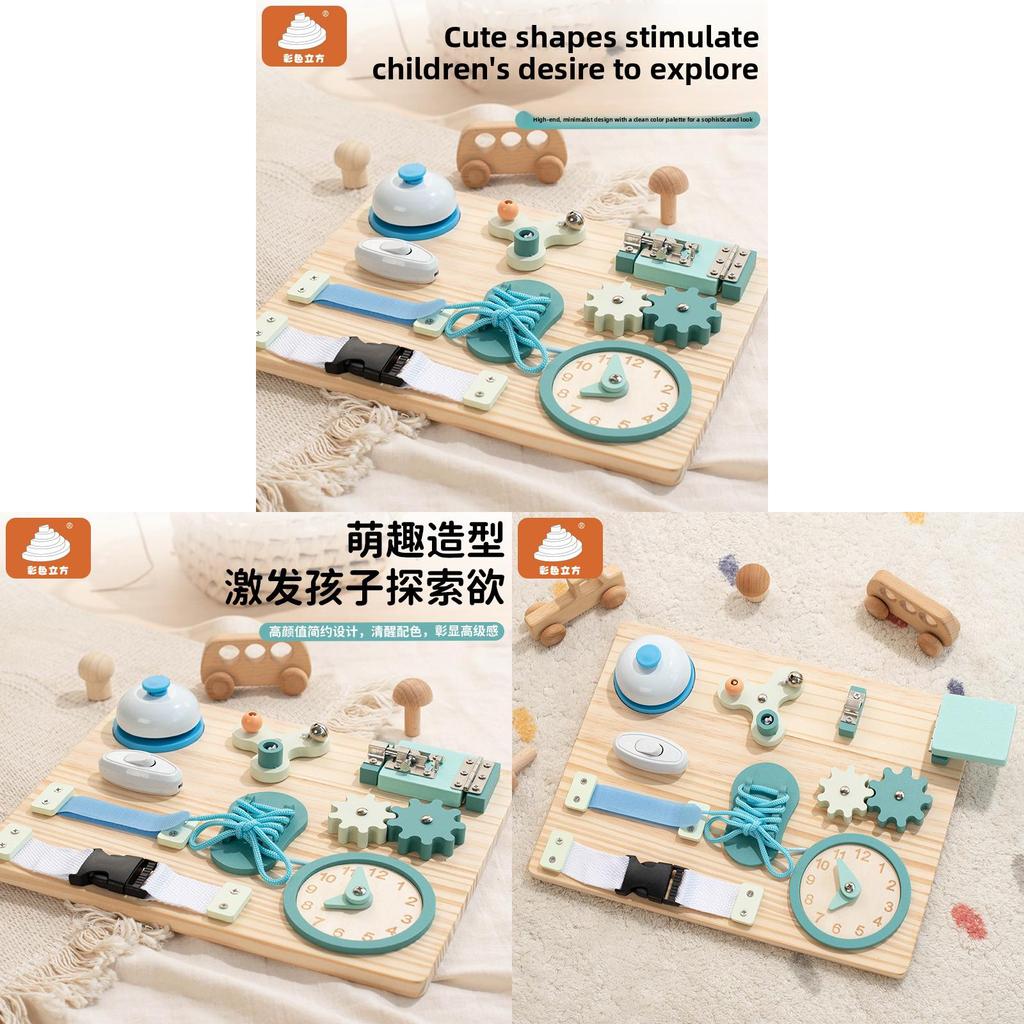 Wooden Blue Clock Busy Board With Educational Activities For Toddler Learning