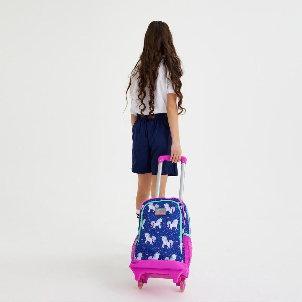 Coral High Kids Navy Blue Pink Unicorn Patterned Three-Compartment Squeegee Backpack 23366