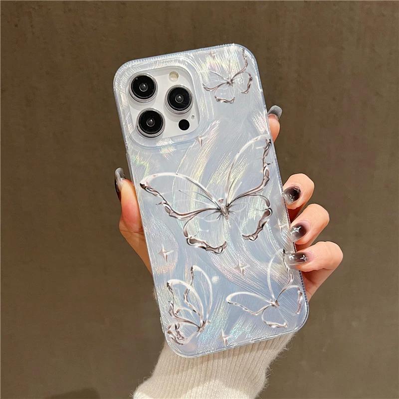 For iPhone 14 13 15 16 Pro Max Case Luxury Laser Silver Butterfly Phone Case for iPhone 16E 11 12 Pro Max XS XR 7 8 16 Plus Case