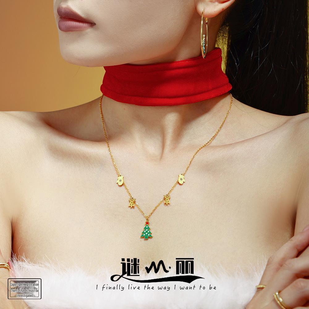 Milly Christmas Green Enamel Zircon Pendant Necklace with Tree, Gloves & Reindeer - Romantic Gift for Women