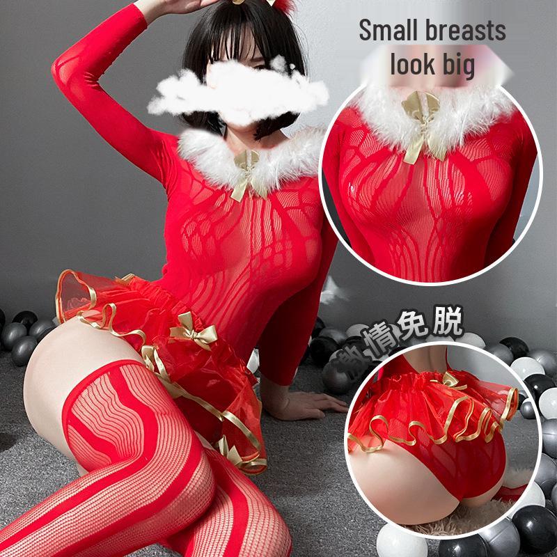Christmas Princess Lingerie: Sexy Mesh Cutout Role Play Set with Stockings